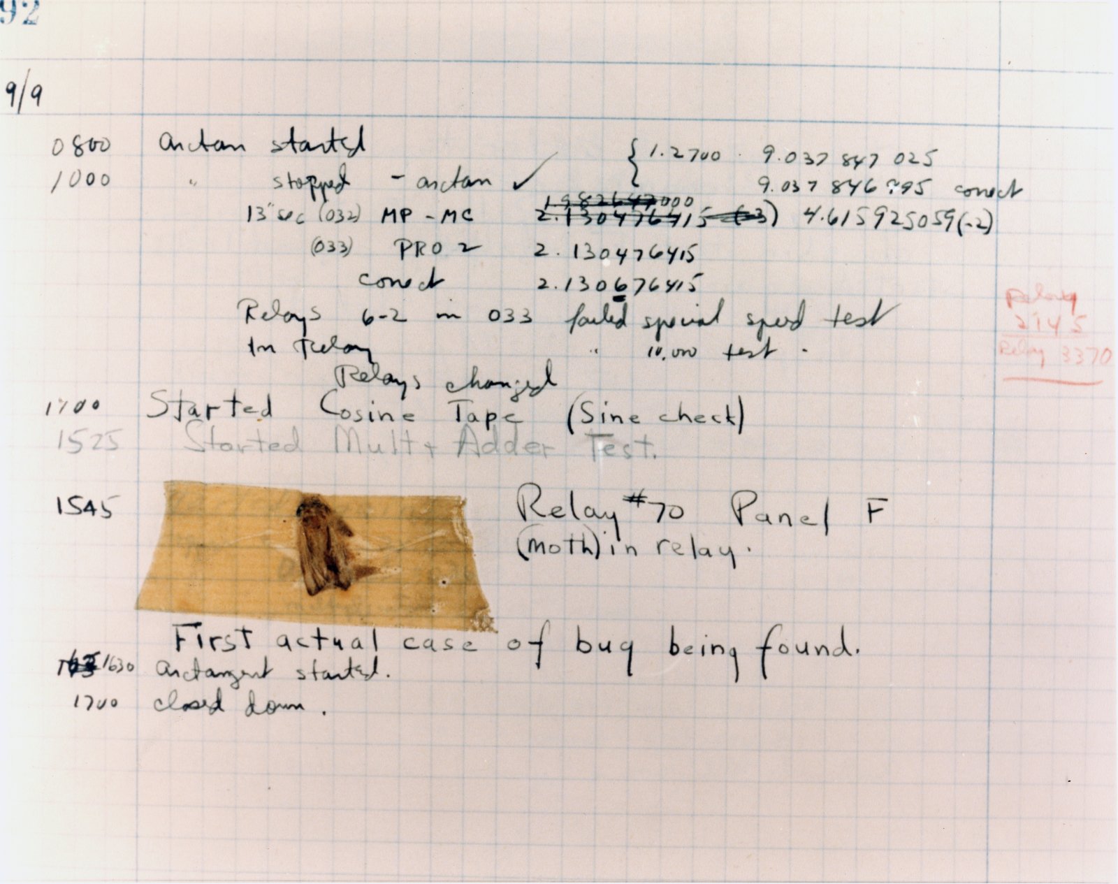 A 1947 Harvard Mark II logbook page with a moth taped beside the note "First actual case of bug being found"