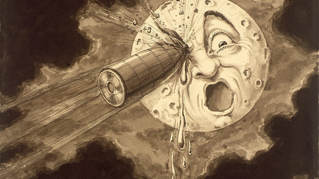 Georges Méliès's drawing of the capsule landing in the eye of the Man in the Moon, for A Trip to the Moon (1902).